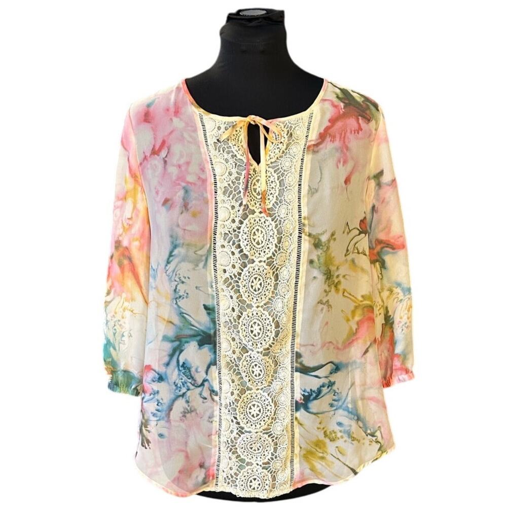 Chico’s Watercolor Floral Boho Blouse Crochet Lace Peasant Top Size L - Picture 2 of 9
